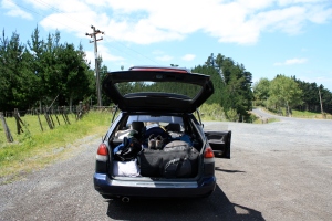 packed up and on the road to Raglan! (sheepies are looking on)